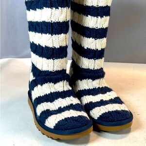 Ugg Australia Womens Boots Size 7 Blue White Striped Tall Cable Knit